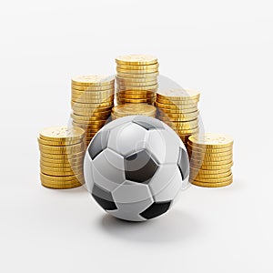 Soccer Ball ahead of Stacks of Coins on Light Gray Background