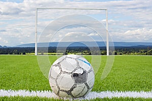 Soccer ball on Artificial turf football field green white grid with sky backgound