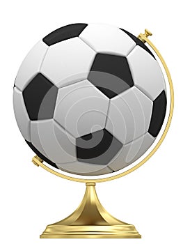 Soccer ball as terrestrial globe on golden stand