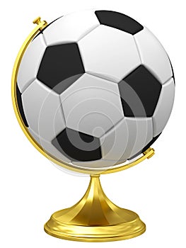 Soccer ball as terrestrial globe on golden stand