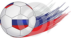 Soccer ball on the background of streaks in the form of the Russian flag.