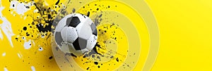 Soccer Ball Banner on Bright Yellow Background with White and Black Drops and Spots with space for text