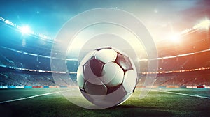 soccer ball on big light crowded stadium, football arena banner, generative AI