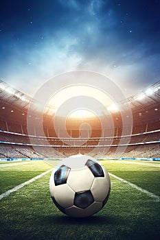 soccer ball on big light crowded stadium, football arena banner, generative AI