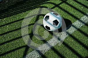 Soccer ball black and white on artificial ground ground with shadows stripes, over the line