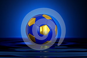 Soccer Ball with Blue and Gold Color in Water Creating Ripples - 3D Illustration