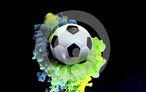 Soccer ball on a blue-green-yellow space background