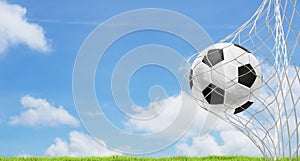 Soccer ball blue sky green lawn 3d rendering soccer goal