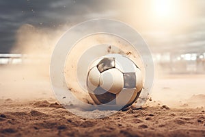 Soccer ball breaking through the sand with smoke. 3d illustration