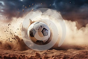 Soccer ball breaking through the sand with smoke. 3d illustration