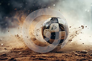 Soccer ball breaking through the sand with smoke. 3d illustration