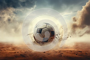 Soccer ball breaking through the sand with smoke. 3d illustration