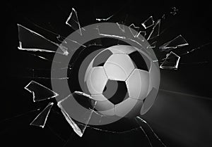Soccer ball breaking up glass against black background
