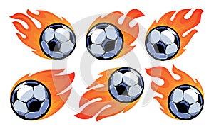 Soccer ball in burning fire flames set. Football emblem or sports mascot. Sport game symbol vector illustration