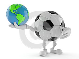 Soccer ball character holding world globe