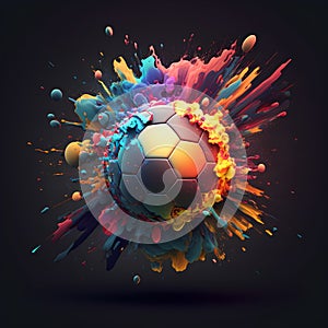Soccer ball with colorful splashes on black background. 3d illustration