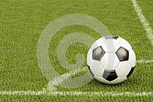 Soccer ball in the corner of football field, 3D rendering