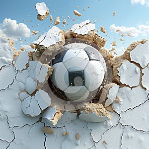 soccer ball in a cracked wall 3D