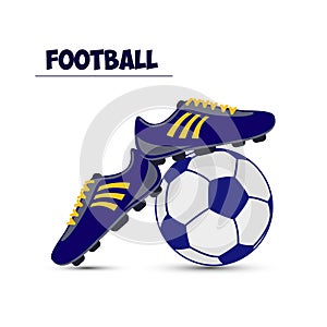 Soccer ball and dark blue football boots, on white background,