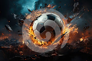 Soccer ball is depicted in the midst of an explosive and fiery moment, adding a touch of drama to the beautiful game