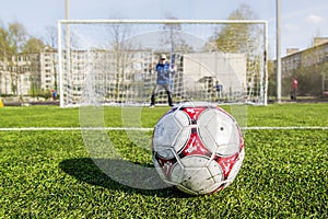 Soccer ball on eleven-meter mark set match