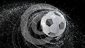Soccer ball emitting whirl of water drops, with rgb mask, 4k 3d animation