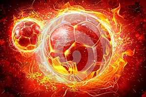Soccer ball engulfed in flames and embers, epitomizing the intense heat of competitive play photo