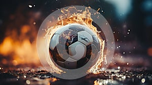 A soccer ball engulfed in flames on a football field