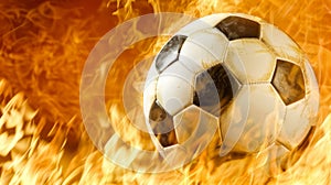 Soccer ball engulfed in flames symbolizing fierce competition with fiery embers, depicting intensity photo