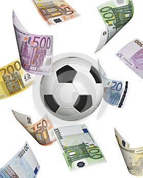 Soccer ball with euro banknotes isolated on white