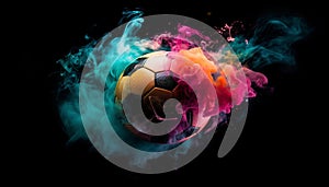 Soccer ball exploding in a fiery wave of competition and success generated by AI