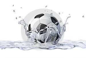 Soccer ball falling into clear water, forming a crown splash.