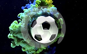 Soccer ball on a fantastic blue and green space background