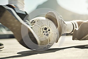 Soccer ball, feet or tackle motion in fitness game, workout match or exercise competition challenge on Portugal city