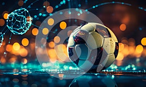 Soccer ball on the field with dynamic digital graphs, showcasing the integration of sports analytics and online betting in