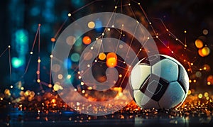 Soccer ball on the field with dynamic digital graphs, showcasing the integration of sports analytics and online betting in