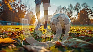 Soccer ball on a field with fallen autumn leaves and player in the background
