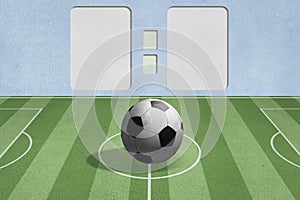 Soccer ball on the field with score background