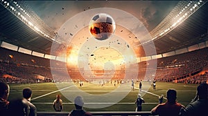 Soccer ball on the field of stadium with fans. Generative AI.