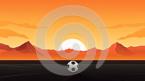 Soccer ball on the field at sunset background. Vector illustration