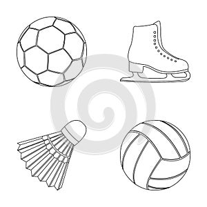 A soccer ball, figure skating skates, a shuttlecock for a badminton, a ball for volleyball. Sport set collection icons