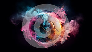 Soccer ball on fire, abstract pattern of glowing flames exploding generated by AI