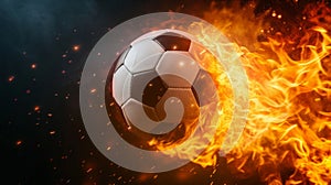 A soccer ball on fire on a black background on the right. Plenty of space for text