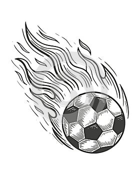 soccer ball fire. engraving drawing vector illustration