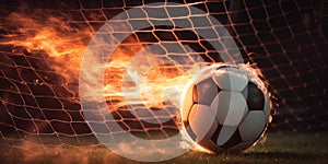 soccer ball on fire, fire ball, ball on a dark background, gaming and sports theme. Generative AI