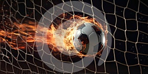 soccer ball on fire, fire ball, ball on a dark background, gaming and sports theme. Generative AI