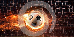 soccer ball on fire, fire ball, ball on a dark background, gaming and sports theme. Generative AI