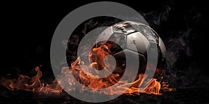 soccer ball on fire, fire ball, ball on a dark background, gaming and sports theme. Generative AI