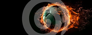 soccer ball on fire, fire ball, ball on a dark background, victory theme. Generative AI