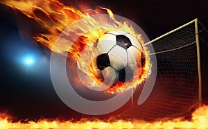 soccer ball on fire flying over a football stadium. Generative AI